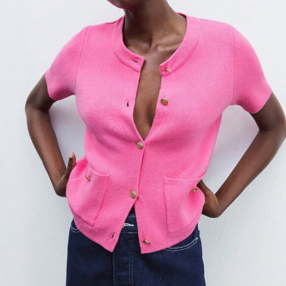 Hot Pink Casual Women's Knitted Elegant button down Cardigan - Picture 1 of 7